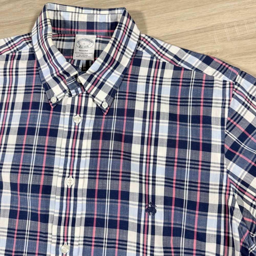 Brooks Brothers Regent Madras Oxford Chest Logo Button Down Shirt Men's Size L